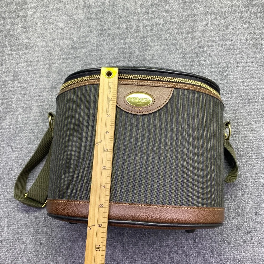 Pierre Cardin Vintage Striped Train Case Vanity Makeup Bag Brown Navy